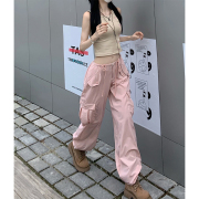 粉色休闲工装裤女直筒高腰春秋，大码胖mm宽松显瘦设计感阔腿裤