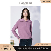 Goodland美地女装冬季polo领拉链亮丝短款毛衣针织衫
