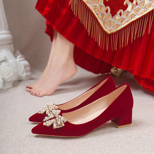 粗跟花朵婚鞋禾秀婚纱，两穿孕妇红色，新娘鞋不累脚2023年高跟鞋