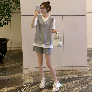 时尚小个子休闲运动套装女2024夏季学生韩版宽松短袖短裤假两件套