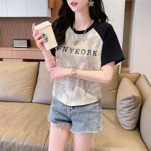 纯棉t恤女短袖夏季2024韩版宽松大码女装，设计感小众短款上衣