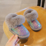 冬季儿童棉鞋防滑1-3岁兔毛亮片女宝宝加绒加厚女童雪地靴公主鞋