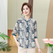 新中式国风妈妈夏装五分袖T恤洋气中老年女装雪纺上衣40岁50岁
