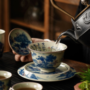 老陶泥仿古手绘三才盖碗茶杯，单个大号开片山水泡，茶碗高端家用茶盏