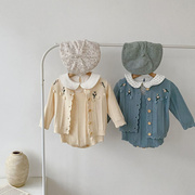 2024秋冬婴幼儿童宝宝毛衣，套装花朵绣花长袖，外套+棉针织背带哈衣