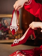 红色高跟鞋婚鞋粗跟新娘，鞋女中式秀禾服结婚鞋，小众高级感2024