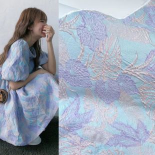 布艺岛中国风浅蓝粉紫撞色树叶浮雕提花面料连衣裙旗袍手工布料
