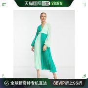 香港直邮潮奢 ASOS 女士设计织花前扭纹褶裥绿色拼色中长连衣裙