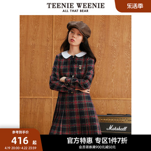 teenieweenie小熊奥莱秋冬学院风，时尚圆领格子，百褶连衣裙女