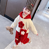 女童秋冬花朵绣花加绒加厚套装2023韩版冬装保暖卫衣两件套潮