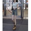 韩国设计师CherryKoko夏季简约白色短袖高腰牛仔短裤显瘦女装