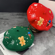 冬季圣诞节帽子小熊贝雷帽，女韩版时尚复古蓓蕾，帽红色羊毛画家帽女