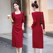 秋季中长裙长款女装打底裙子到3035多40优雅气质黑色红色连衣裙