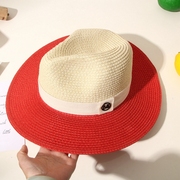 夏季女红米拼色礼帽巴拿马草帽，遮阳防晒宽沿沙滩，帽子草编爵士帽潮