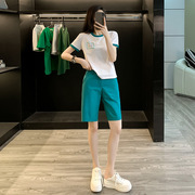 时尚小清新休闲运动套装女夏2024圆领短袖绿色短裤网红小个子