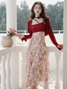 沙滩裙复古法式红色碎花吊带连衣裙绝美仙女度假桔梗长裙高级感