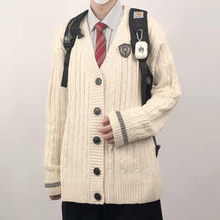木村叔dk日系白色开衫毛衣，外套男士青少年学生，制服内搭v领针织衫