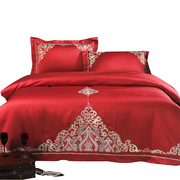 欧式贡缎大红色婚庆四件套全棉刺绣，新婚庆(新婚庆，)床上用品结婚六件套床品