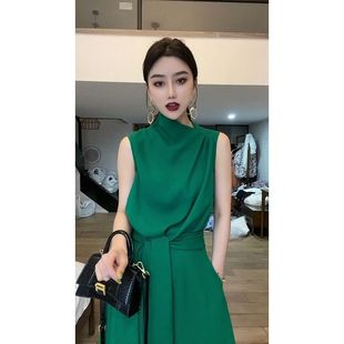 绿色气质连衣裙女2023夏季炸街设计感小众连衣裙系带大摆长裙