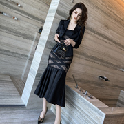 职业西装鱼尾裙套装春季穿搭高级感时尚气质名媛风黑色两件套女装