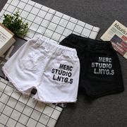 白色牛仔短裤女松紧腰宽松阔腿裤，高腰破洞夏季热裤字母印花潮