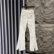 白色微喇牛仔裤女夏季2023高腰，韩版修身显瘦弹力开叉喇叭长裤
