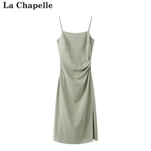 拉夏贝尔lachapelle夏季纯色吊带裙，收腰开叉中长显瘦连衣裙