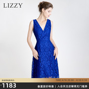 LIZZY秋季女士克莱茵蓝镂空背心裙交叉V领进口水溶蕾丝连衣裙