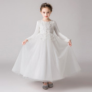 公主裙女童蓬蓬纱生日白色长袖，儿童小女孩婚礼花童礼服钢琴演出服