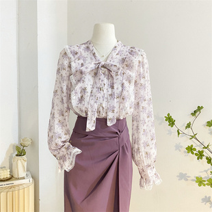 紫色蝴蝶结碎花雪纺衫减龄长袖衬衫女秋季设计感洋气打底小衫上衣