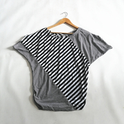 D49-3夏季外贸时尚条纹拼接圆领宽松休闲显瘦蝙蝠短袖T恤衫