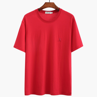 中年男士短袖T恤圆领纯棉大红色本命年中老年人40-50岁全棉爸爸装