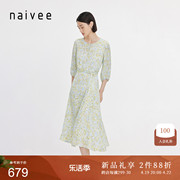 naivee纳薇24夏法式优雅圆领复古灯笼袖碎花印花飘带连衣裙