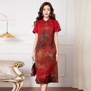 新中式真丝旗袍红色喜婆婆妈妈礼服品牌香云纱连衣裙桑蚕丝裙子