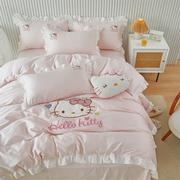 kt猫纯棉床上用品四件套公主风女孩，床单三件套儿童床，笠卡通被套粉