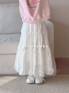 木西童品2024春韩国版，女童白色皱纱蕾丝半身，长裙女宝宝蛋糕公主裙