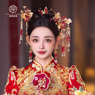 2024中式复古红色琉璃花朵，头饰古典秀禾服新娘，结婚饰品套装