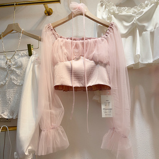 夏季高级感露锁骨泡泡袖粉色透视网纱蕾丝衫女设计感系带短款上衣