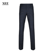XEE商场同款 男士秋季深蓝色格子纹西装长裤高档修身绅士婚庆西裤