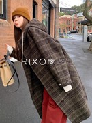 RIXO EXIT法式连帽格子毛呢外套中长款高级感赫本风格纹羊绒大衣