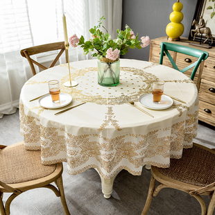 桌布防水防油免洗PVC餐桌垫欧式烫金塑料圆形台布家用大圆桌桌布