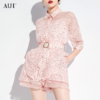 aui粉色波点雪纺衬衫套装，女夏2023设计感时尚气质短裤两件套