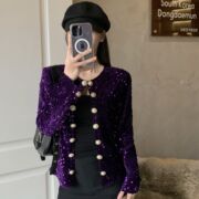 重工韩版2024闪闪紫色亮片小香风外套长袖修身气质开衫西装短外套