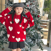 女童红色毛衣2023秋冬装，加厚中大童，打底针织衫儿童新年装上衣