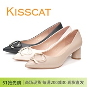kisscat接吻猫2024粗跟尖头羊皮浅口单鞋ka43100-10