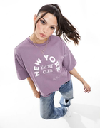 女子水洗紫色上衣英国2023秋全棉宽松中长款圆领短袖T恤