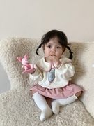 婴儿卡通娃娃领卫衣，秋季2023一岁女宝宝粉色花边半身裙两件套