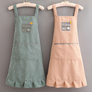 灯芯绒刺绣围裙家用厨房，2024韩版女时尚，双层背带防污加厚围腰