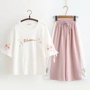 日系森系套装女夏季国潮樱花刺绣T恤姐妹学生闺蜜装小清新两件套