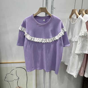 棉针织白色紫色女装夏蕾丝镶边短袖T恤小宽松休闲有大码韩版